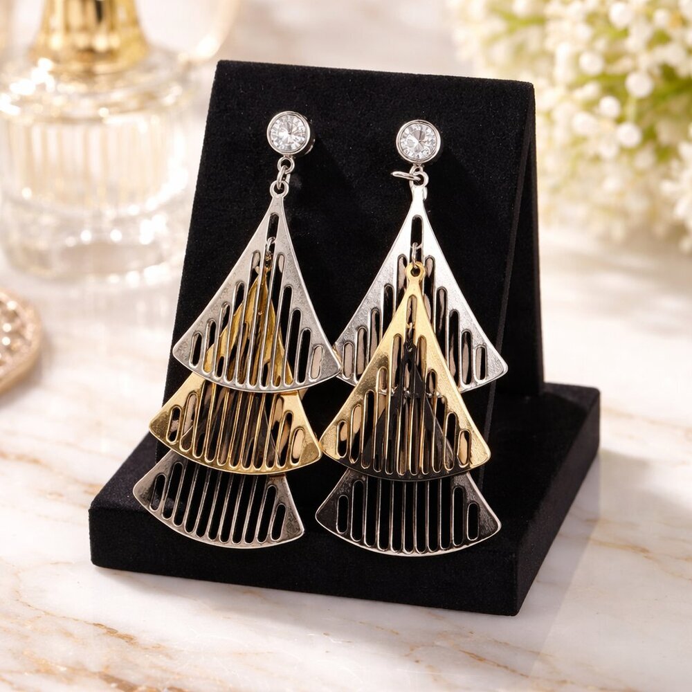 Christmas Tree Silver, Brass and‎ Black Earrings - NWOT